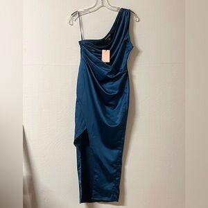 Pretty Little Thing Blue One Shoulder Midi Dress Wedding Guest Night Out Size 4